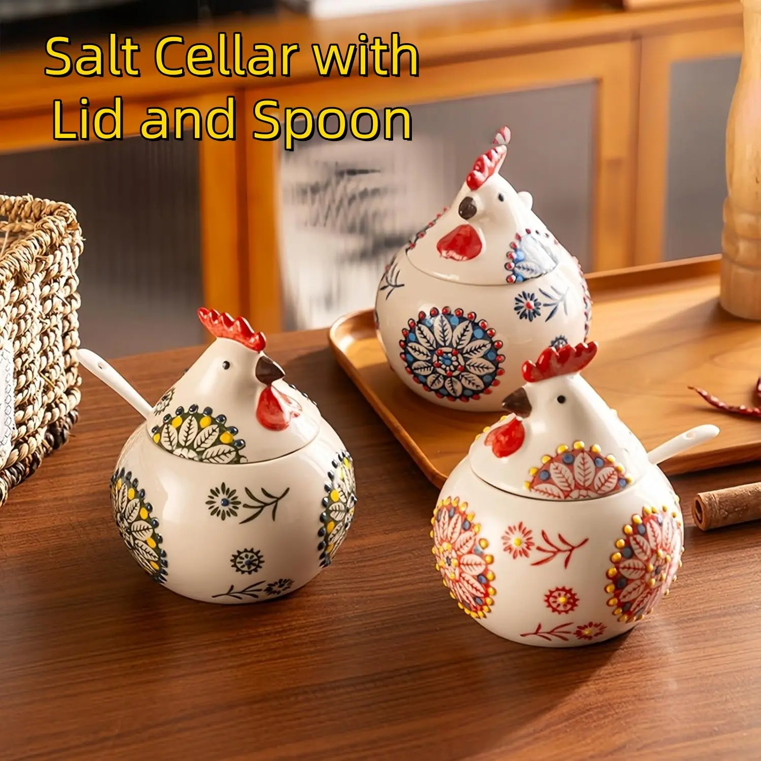 3 Pcs Chicken Ceramic Seasoning Jars, Kitchen Spice Containers, Moisture-Proof, with Lid and Spoon, 13oz, Floral Pattern, 400ML Capacity
