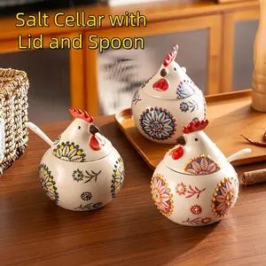 3 Pcs Chicken Ceramic Seasoning Jars, Kitchen Spice Containers, Moisture-Proof, with Lid and Spoon, 13oz, Floral Pattern, 400ML Capacity