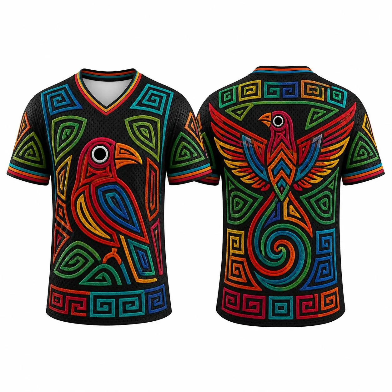 Hispanic Heritage Month Inspired Panama Mola Bird Pattern V Neck Mesh Shirt, All Over Print Short Sleeve Athletic Jersey, Unisex Cultural Streetwear for Men and Women
