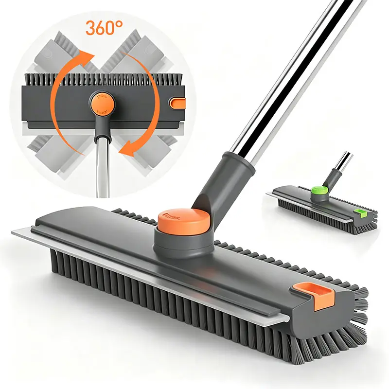 3-in-1 Floor Scrub Brush with Squeegee Tool - 360° Rotating Household Floor Cleaning Brooms, Stiff Bristle Interior Cleaning Brush Brooms with Long Handle for Bathroom, Tile, Patio