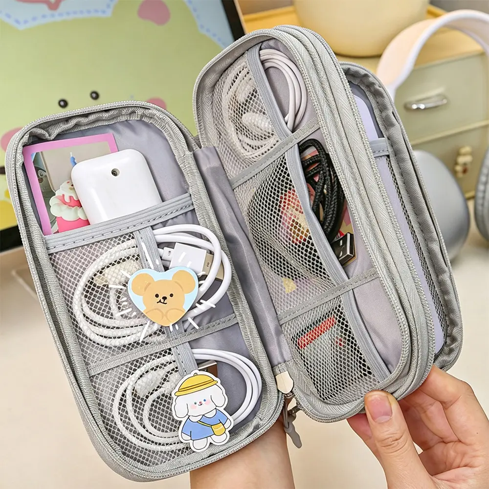 Travel Cable Organizer Bag - Compact Portable Waterproof Double-Layer Cord Storage Pouch for USB Cables, Charger, Phone, Power Bank, Earphone | Travel Essentials