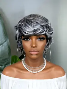 pixie wig curly layered  gray black color pixie cut human hair wigs for women short daily party cosplay use human hair wig machine made wig