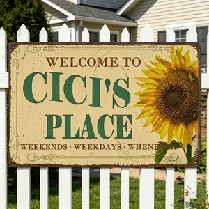 Vintage 8x12 in Aluminium Floral Decorative Home Sign Plaque, Easy-Mount Rustic Wall Decor - "Welcome To Cici's Place" High-Quality Metal Rectangle Room Decor, Household Gift for Lovers, Decorative Home Signs