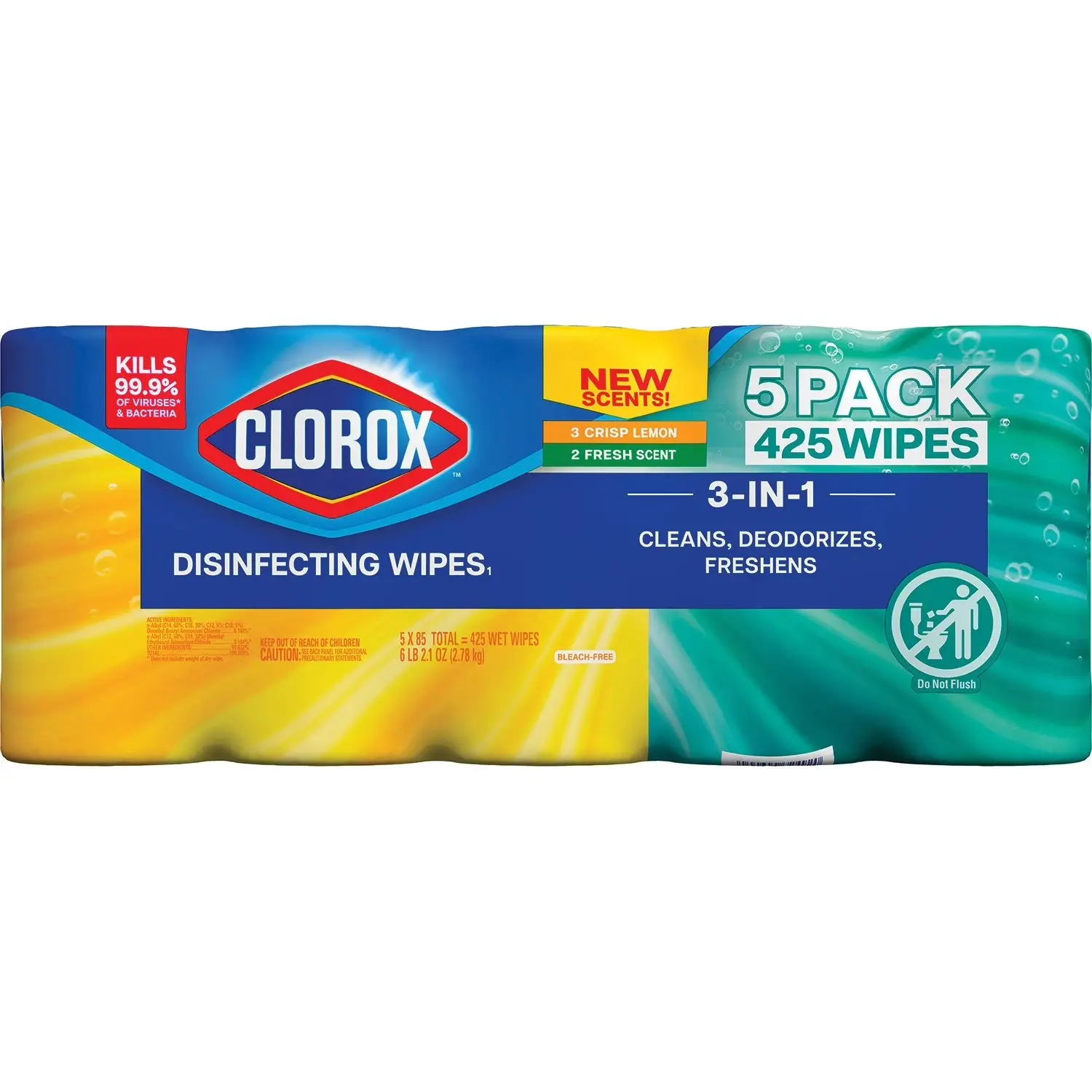 Clorox Scented Disinfectant Wipes - 5-Pack Disposable Cleaner Wipes for Household & Kitchen Cleaning Supplies, Countertops, Fresh Scent & Crisp Lemon, 425 Total