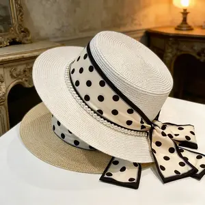 Minimalist Polka-Dot Hat for Women — Summer Sun Protection, Vacation & Beach Hat, French-Style Flat-Top White Boater Hat for Travel