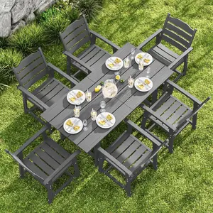 Gizoon 7 Piece HIPS Patio Furniture Set, Dining Table and Chairs for 6, Outdoor Dining Table Sets with Umbrella Hole, Patio Dining Set for Garden, Backyard, Lawn, Grey