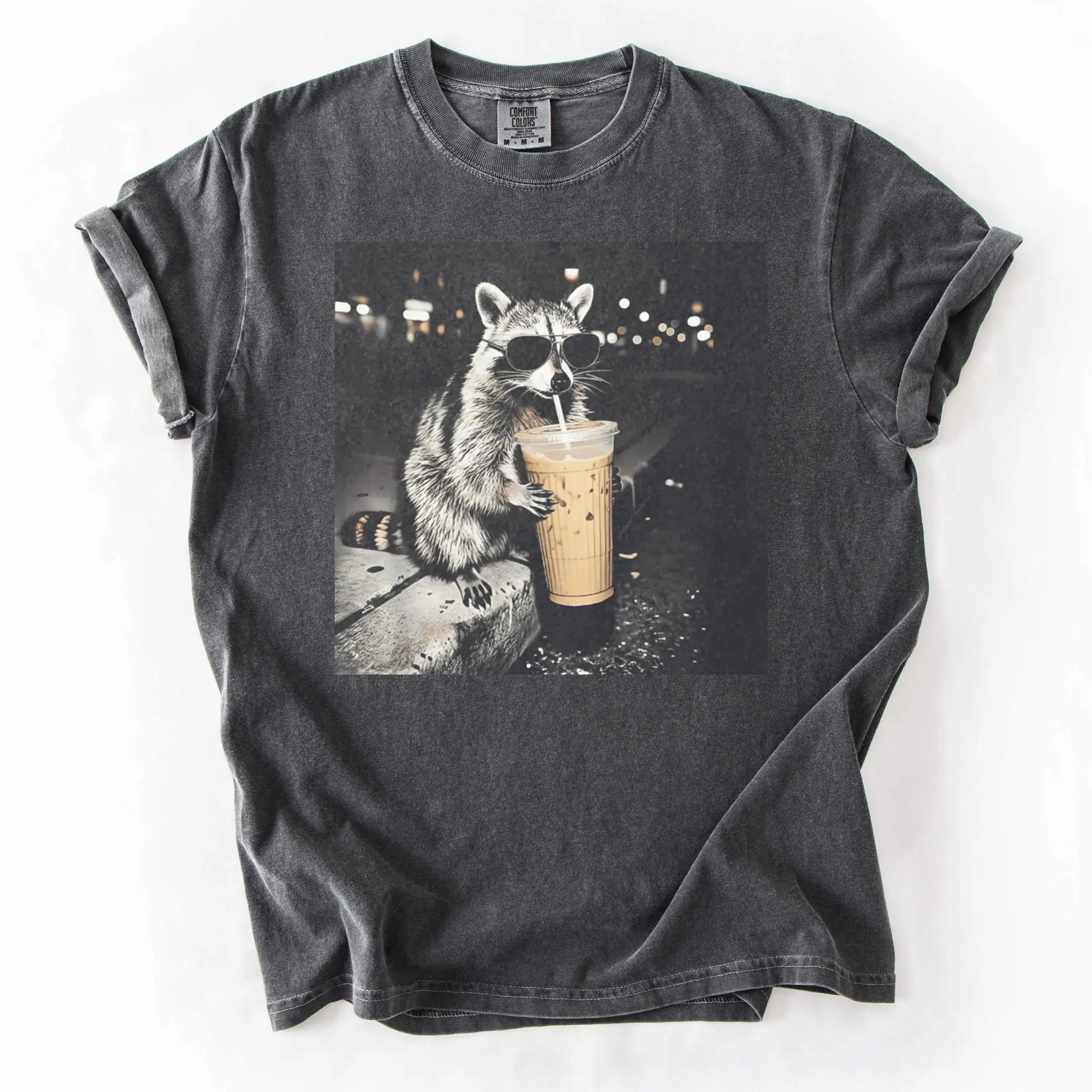Comfort Colors Retro Raccoon Drinking Iced Coffee T-Shirt, Funny Animal Meme Tee, Coffee Lover Raccoon Shirt, Trendy Shirt, Raccoon Humor Comfort Colors Shirt, Funny Raccoon Graphic Tees