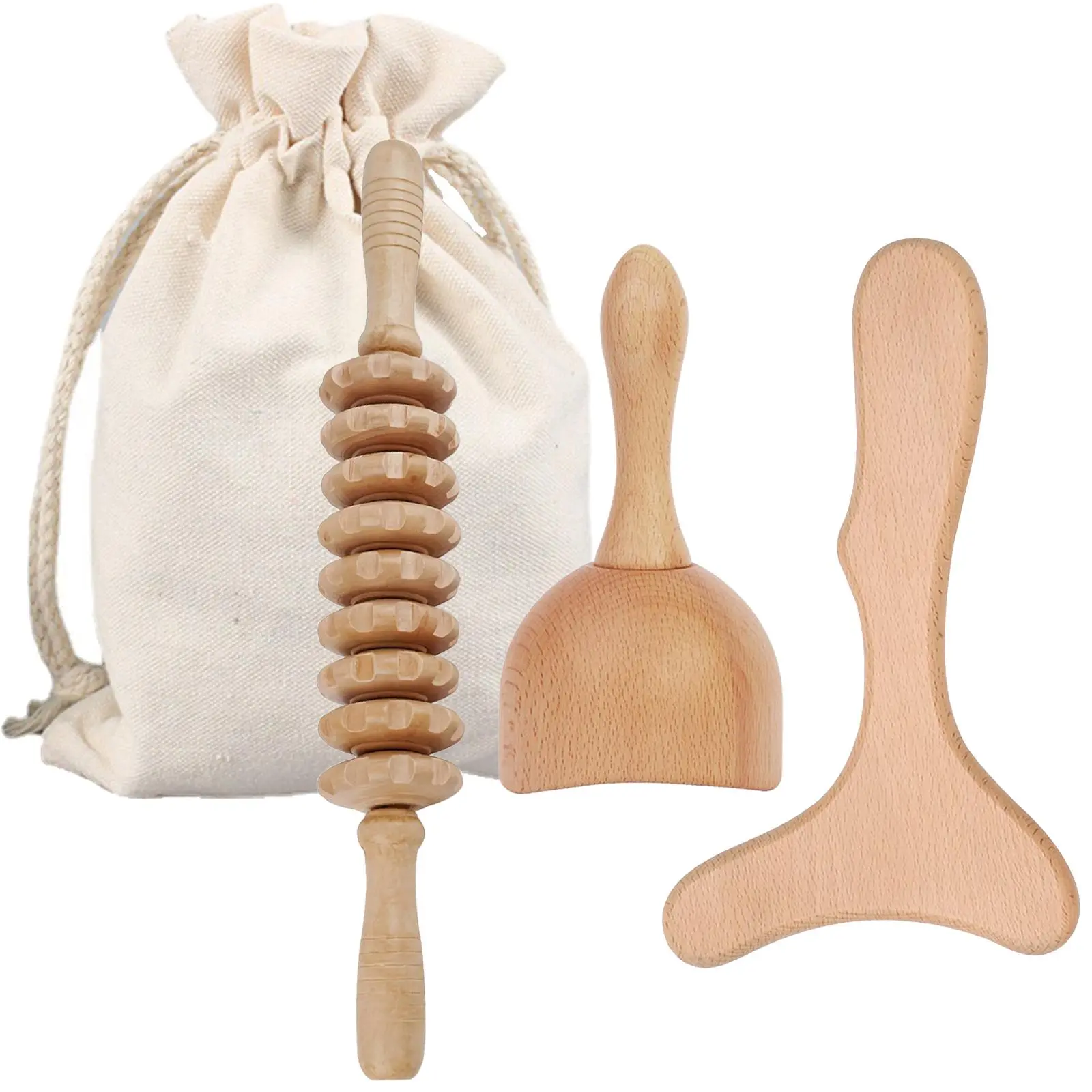 3 in 1 Wood Massage Tool Kit, 3 Counts/set Lymphatic Drainage Roller, Natural Relief Roller, Body Lymphatic Drainage Massager, Body Sculpting Tool for Muscle Relaxation At Home, Body Care Tool, Relaxation Aid