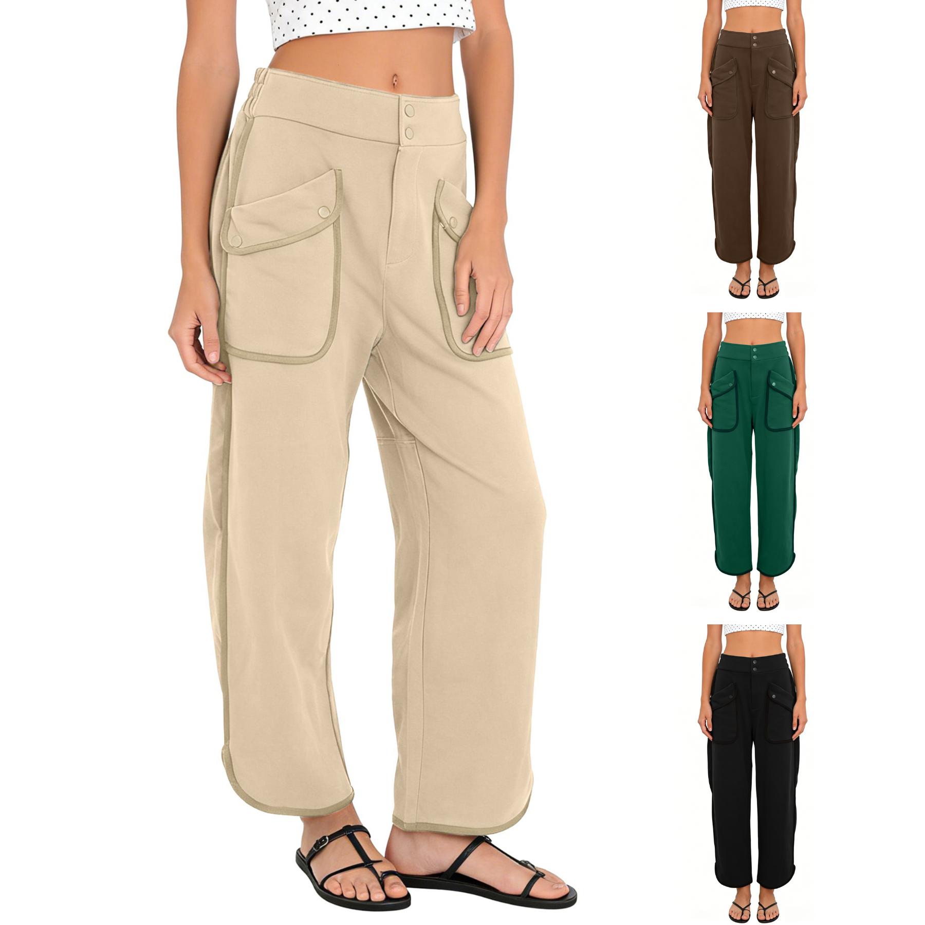 SCUSTY Women Summervibes Casual Comfy Wide-Leg Pants Elastic Waist Front Buttons Low-Rise Straight Fit Loose-Fitting Ankle Length with Patched Flap Pockets
