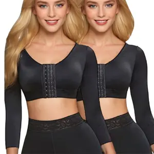 Women's Minimalist Plain Plus Size Shapewear Top, Multi-Size Post-Surgery Arm Lipo Compression Sleeves with Front Closure Black Bra