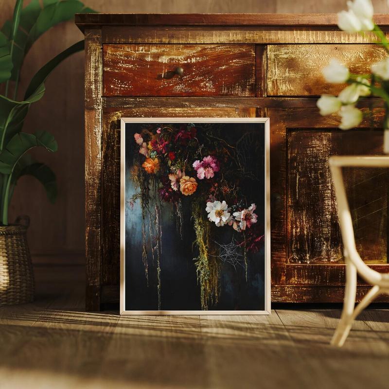 Moss Wall Art, Cottagecore Witchy Boho Botanical Print, Whimsigoth Cobweb Victorian Flower Poster, Dark Floral – 5 Size, 8x12 to 27x40 inch, Room Decor, Unframed