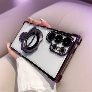 Plating Samsung S26 Ultra Clear Phone Case with Shockproof Protective Four Corner Air Cushion Transparent Soft TPU Cover for Samsung S26 S25 Ultra S24 S23 FE S22 Plus with Sticky Magsafe Compatible Stand