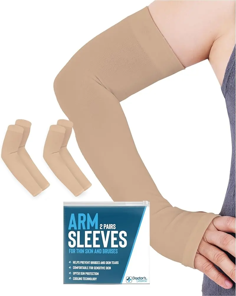 Doctor's Select UV Arm Sleeves, 2 Pairs for Adults, Cooling Tencel Fabric with UPF 50 Sun Protection, Thumb Hole for Thin Skin & Bruise Prevention, Cooling Protective Sleeves, Compression Cooling Thumb Holes Sports Sleeves & Support