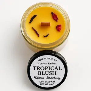 Contour Kitchen Tropical Blush Candle - Hibiscus Strawberry Scented Hand Poured 100% Beeswax 4 Oz Jar Decor Decoration Ornaments Glass Minimalist Floral Flower Perfume Tin Wick