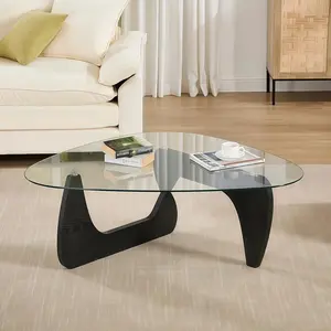 Elegant Curves Mid-Century Modern Triangle Glass Top Coffee Table Natural Wood Base Classic Minimalist Design Sturdy End Tables for Living Room Patio Office