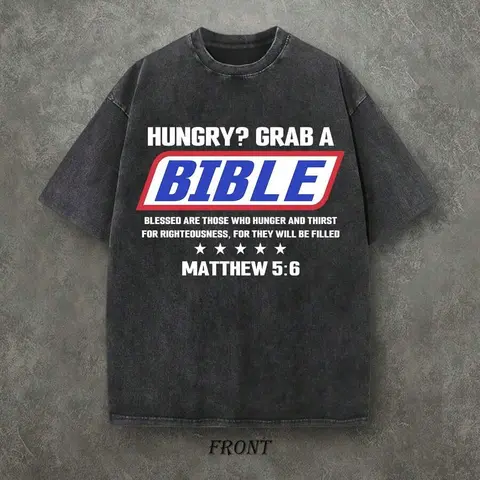 Men's Baggy Crew Neck 230 Heavyweight Pure Cotton Washed Christian Scripture T-Shirt - Unisex Chic Workwear Top, Single-Sided Retro Print, Natural Vibe, Wrinkle-Resist, All-Season, Layer-Friendly Fabric Christian Gift (Pairs with Cargo Pants/Jeans)