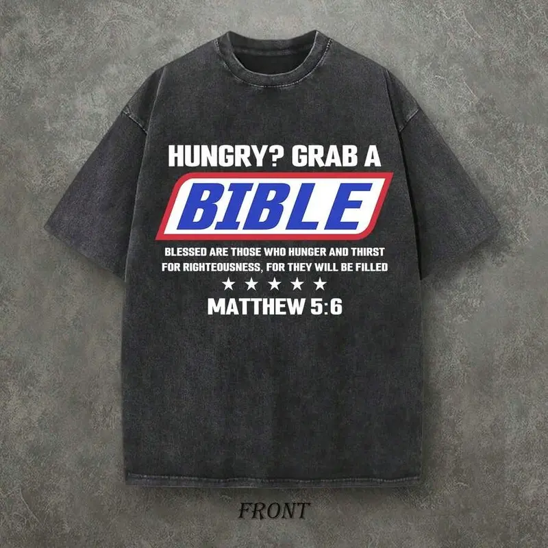 Men's Baggy Crew Neck 230 Heavyweight Pure Cotton Washed Christian Scripture T-Shirt - Unisex Chic Workwear Top, Single-Sided Retro Print, Natural Vibe, Wrinkle-Resist, All-Season, Layer-Friendly Fabric Christian Gift (Pairs with Cargo Pants/Jeans)