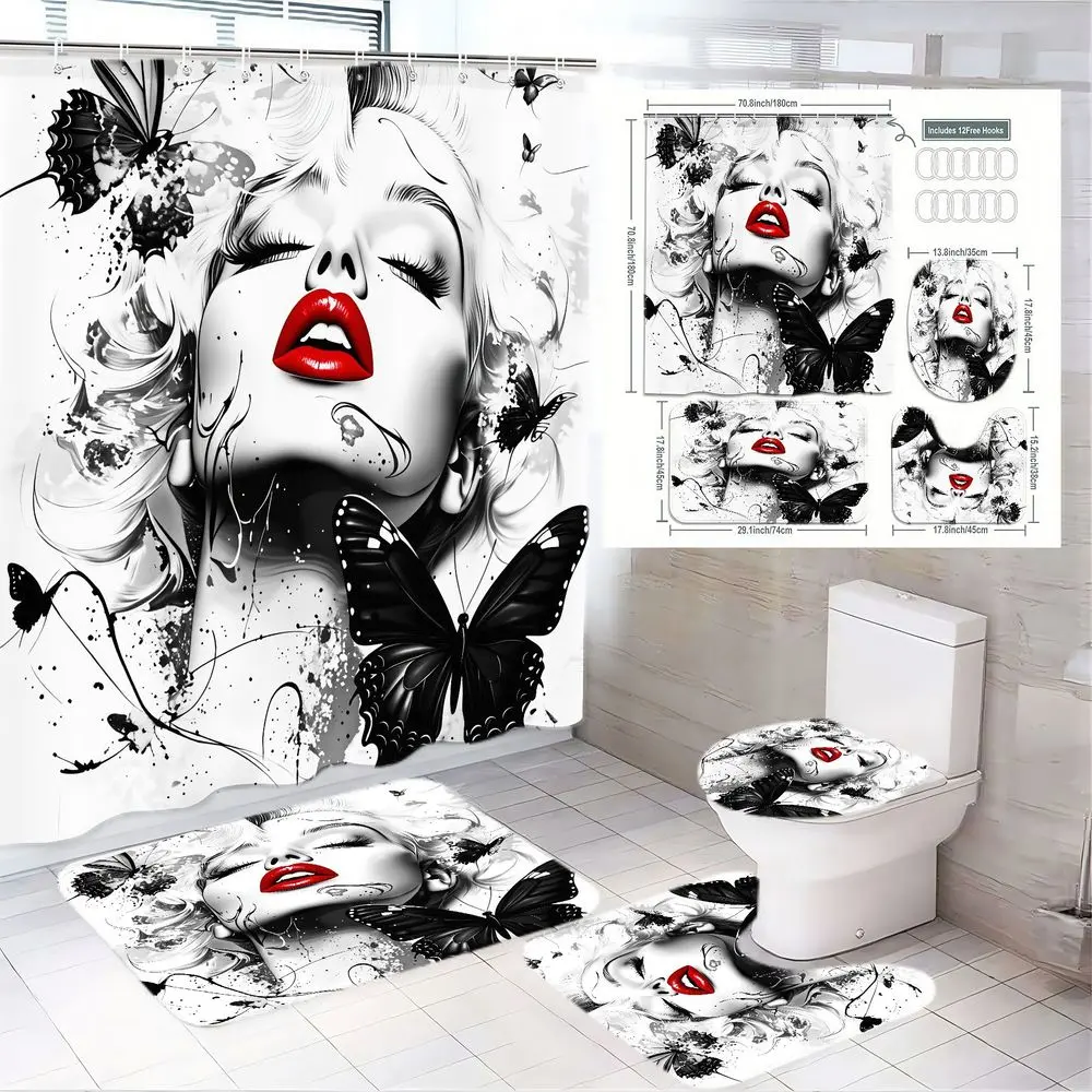 Waterproof Polyester Marilyn Monroe Cute Shower Curtain 4-Piece Set with Accessories - Retro Hollywood Bathroom Decor, Toilet Seat Lid Cover, 2 Bath Mats, Metal Grommets for Hanging, Enhanced Stability, Red Lips Closed Eyes Portrait, Butterfly Pattern