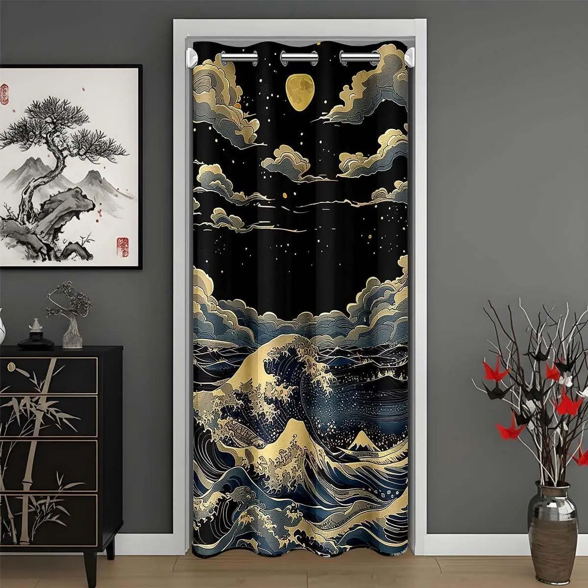 Black Japanese Style Door Curtain Doorway Privacy Wave Closet Cover Ocean Wave Room Divider Curtain Sunset Bedroom Living Room Window Treatments