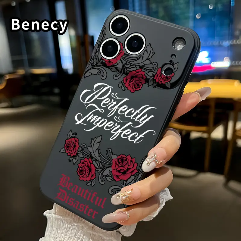 Rose Elegant Ornament Pattern Straight Edge Phone Case for iPhone 17 15 16 14 Pro Max 13 12 11 XR XS Plus Air E Shockproof Drop Protection Rugged Durable Liquid Silicone Cover Cellphone Protective