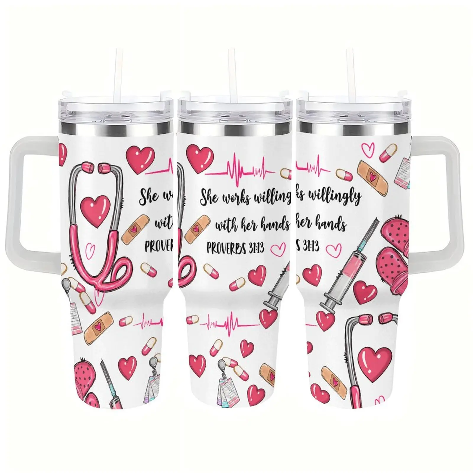 Nurse Pattern 40oz Tumbler with Lid, 1 Count Stainless Steel Water Bottle, Drinking Cup for Home Office School, Gift for Nurse, Birthday Gift, Drinkware, Flasks, One Size