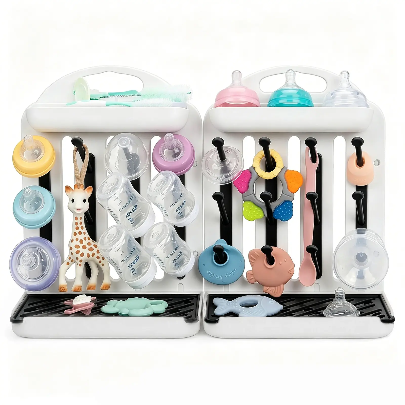 Baby Bottle Drying Rack 2 Pack, 24-Hook Modular Vertical Bottle Drying Rack for Baby Bottles, Pump Parts and Pacifiers, Space Saving Countertop Baby Bottle Organizer with Stable Base and Drip Trays