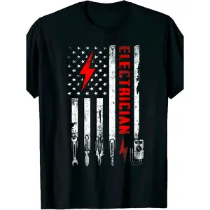 Men's Cotton Short-Sleeve Graphic T-Shirt, Electrician Gift Tee with American Flag, Electrician Tools & Wiring Diagrams, Comfortable Retro Streetwear for Training & Everyday Outfits, All Seasons Wear (Sizes M-3XL), Shortsleeve Oversized Vintage