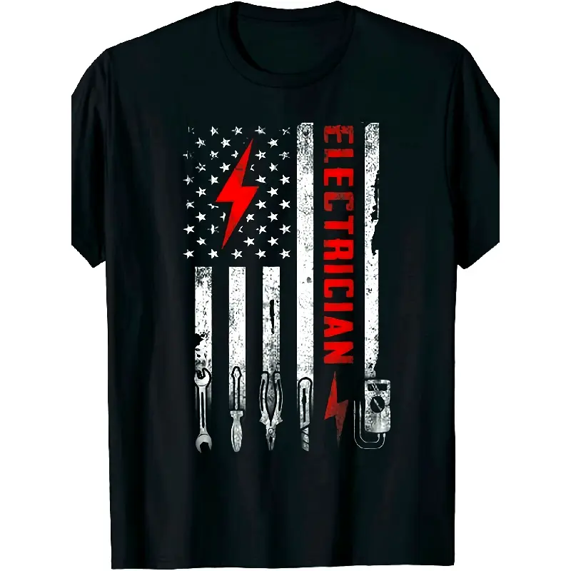 Men's Vintage Graphic Tees, Oversized Cotton Shortsleeve Tops for Electricians, Casual Round Neck Menswear with American Flag Print