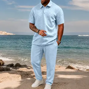 Trending Men’s Polo & Long Pants Set, Jacquard Texture Summer Outfit, Lightweight Breathable Sport Set, Streetwear Matching Set