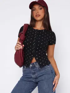 Women's Fashion Y2K Tight Fit T-Shirt, High Elasticity Ribbed Full Button Front Design, Comfortable Versatile Casual Polka Dot Short Sleeve Top