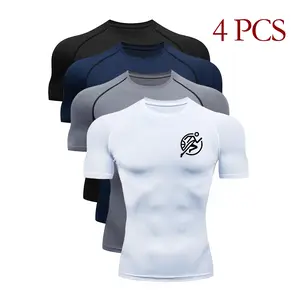 4-pack men’s compression T-shirts with sports logo, raglan sleeves, quick-dry moisture-wicking breathable stretch slim fit athletic T-shirts, suitable for gym workouts and running training