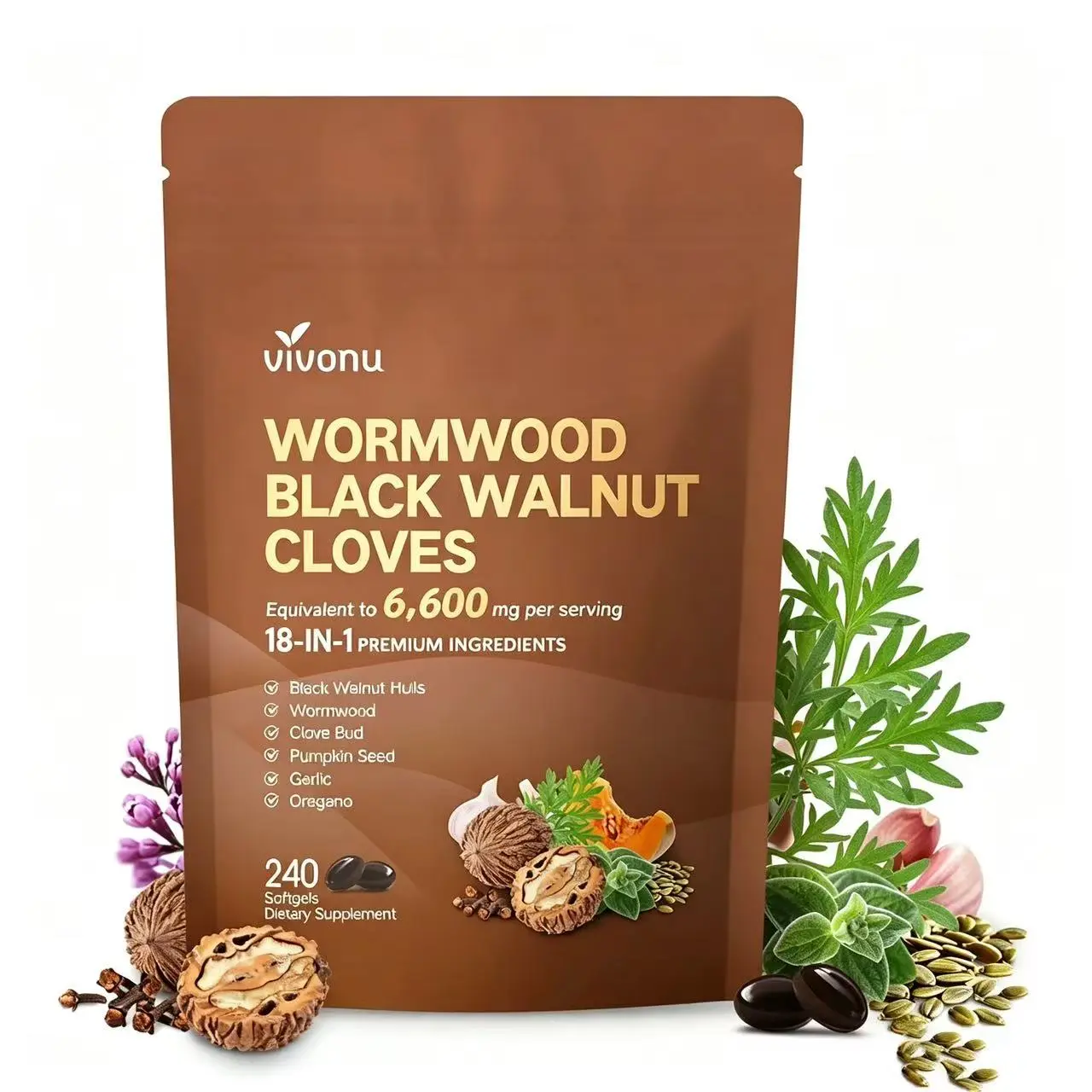 VivoNu Wormwood Black Walnut Cloves Capsules - 240 Count 6600mg Daily Supplement for Metabolism & Energy Boost - 80 Day Supply - Natural Ingredients for Vitality & Wellness