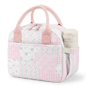 WOBAGMEN Quilted Lunch Box for Adult Women,Cute Floral Insulated Lunch Tote with Front Zipper Pocket, Aesthetic Coquette Style Reusable Lunch Box Bag for Work Gym Travel Picnic (Tiny Blue Floral, M) outdoorfun