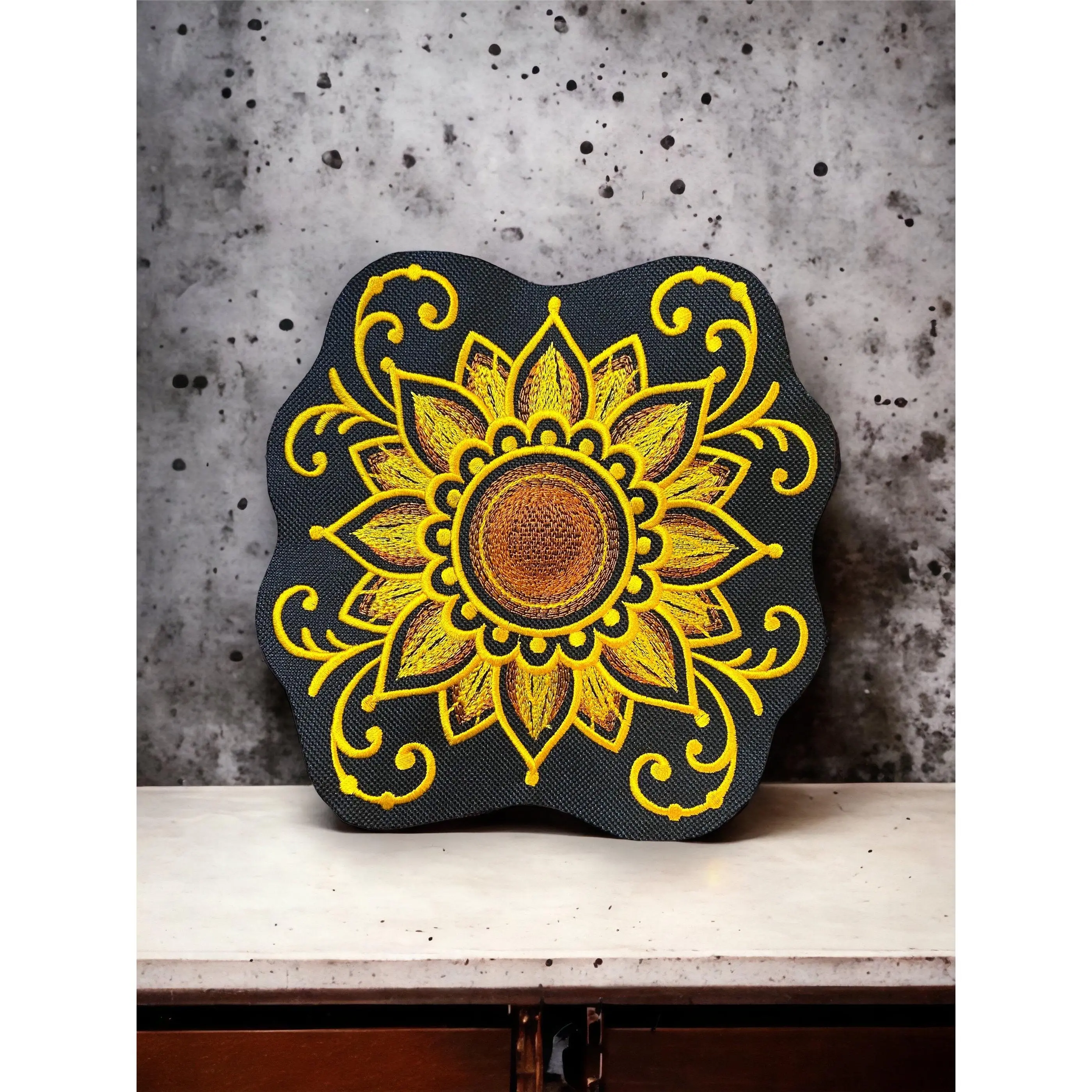 Gilded Sunflower Embroidered Fabric Patch - Iron On/Sew On, Botanical Art Clothing Decor, Small (4.88"x4.8")/Large (6.89"x6.81") Sizes (Non-XXL), No Fabric Restriction, for Jackets, Jeans, Fabric Patches