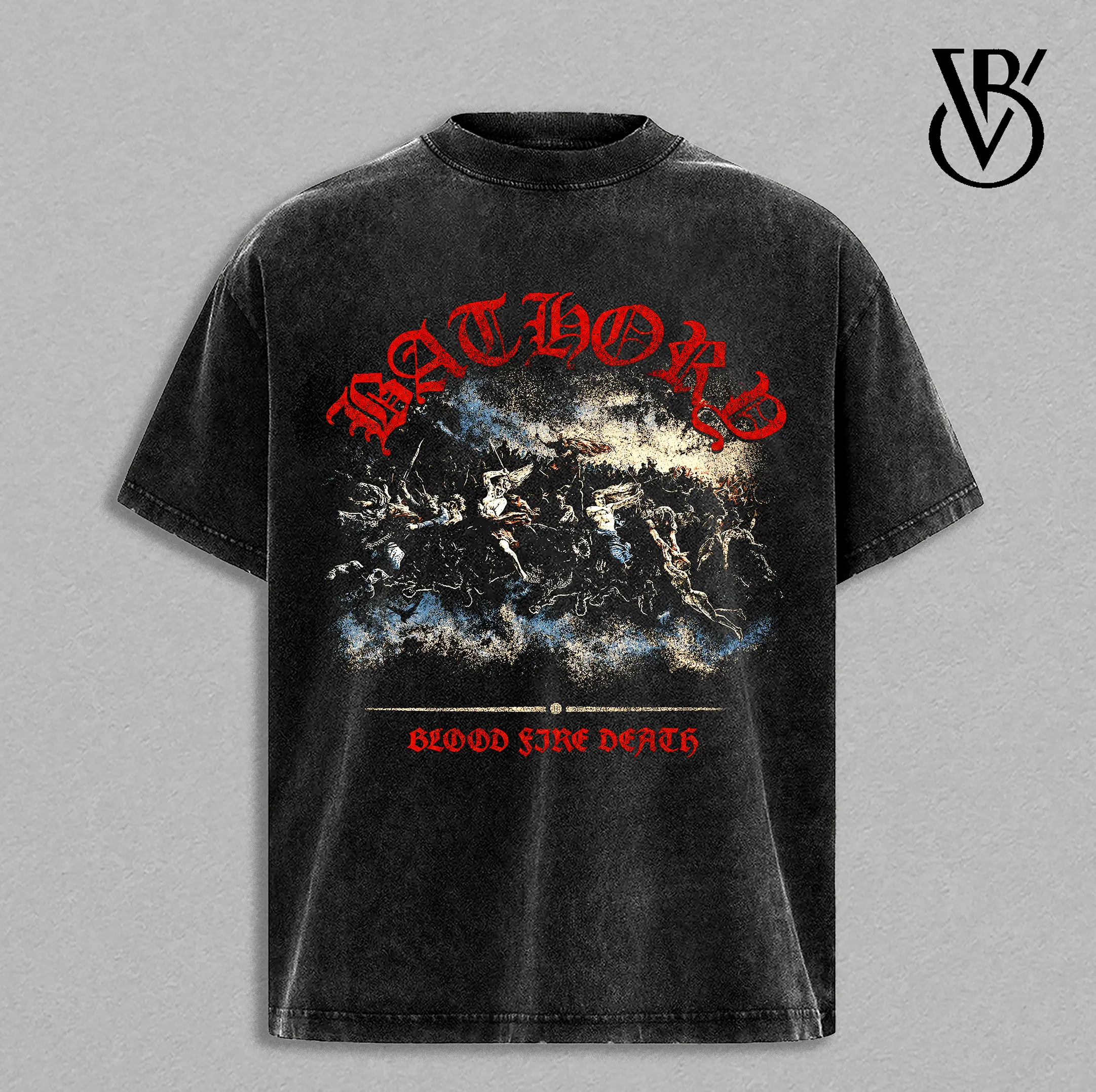 Retro Bathory Blood Fire Death Graphic T-shirt - Black acid-wash Viking Metal T-shirt - High-quality, loose-fitting, thick war T-shirt inspired by Greek gods.