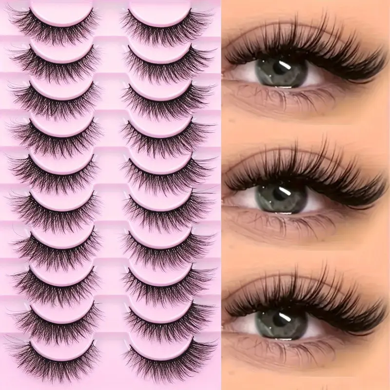 Natural Look Hypoallergenic 10 Pairs 3D Faux Mink Eyelashes, Cosmetic False Lashes, Fluffy Cat Eye Lashes, 13mm Long for DIY, Stage, Daily Wear, Wispy Lashes, D Curling Lash Strips, Reusable, Artificial Lashes
