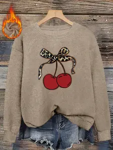 Women's Leopard Print Cherry Bow Sweater, Round Neck Faux Fur Top, Soft Warm Thickened, Casual Fall & Winter Fashion