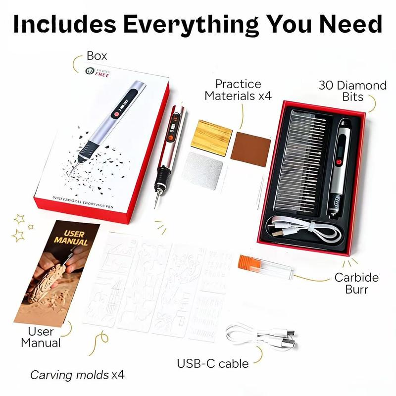Engraving Pen with 30 Free Diamond Bits for Personalized Gifts & Practice Canvases Easy to Use USB-C Fast Charger 3 Speed Settings 8000-21000 RPM
