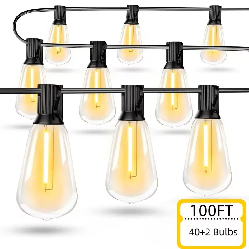 50/100/150ft Outdoor Christmas String Lights, 2700K Patio Lights with Shatterproof ST38 LED Edison Bulbs (20+1 / 40+2 / 60+2),Connectable Hanging Lights; Suitable for Indoor & Outdoor Use—Ideal for Backyards, Balconies, Parties, Porches, and Garden Decor.