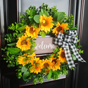 17 Inch Sunflower Wreath with Welcome Artificial for Front Door Wall Front Porch