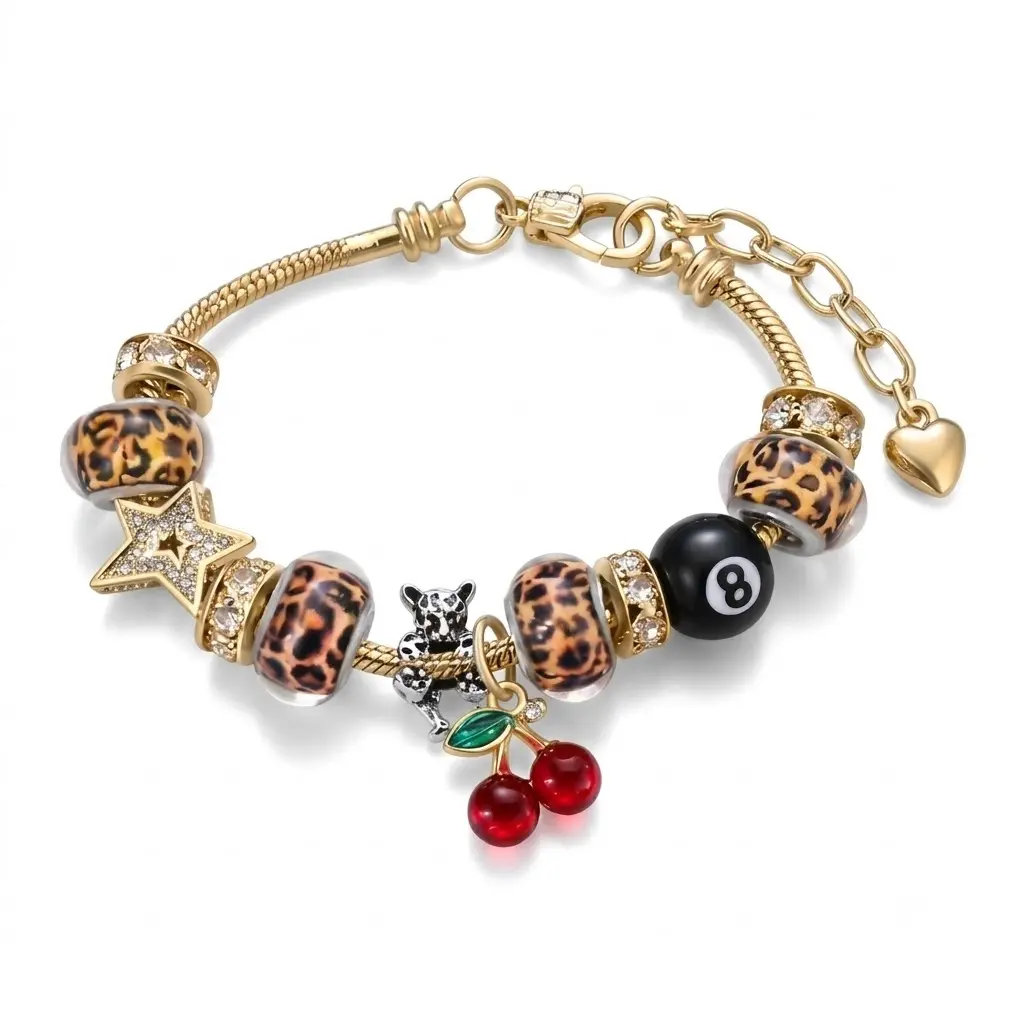 Unisex DIY Beaded Bracelet - Black Gold Plated Alloy Jewelry with Leopard Hearts, Cherry Motif Charms, Personality Design - Trendy Daily Use Wrist Accessory for Street Outfits, Craft Events, Unisex Wear, Alloy Finish, Charm Bracelets, Round Beads
