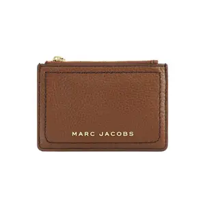 Marc Jacobs Groove Wallet Brown Luxe Compact Card Case with Card Slots Zip Pocket & ID Window Genuine Pebbled Leather Gold Hardware
