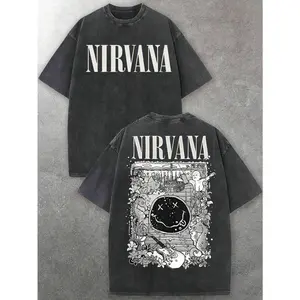Men's Nirvanas  Face & Decorative Graphic Crew Neck Short Sleeve T-Shirt |   Soft Washed Fabric |   Grunge Rock Casual Outfits |   Mens Graphic Tee Street Fashion