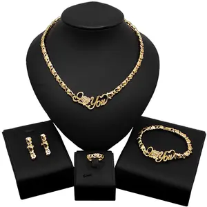 Elegant Matching Jewelry Set - HUGS & KISSES Love Message Gold-Plated Gold Earrings with Chain Necklace #48, Elegant Jewelry Set