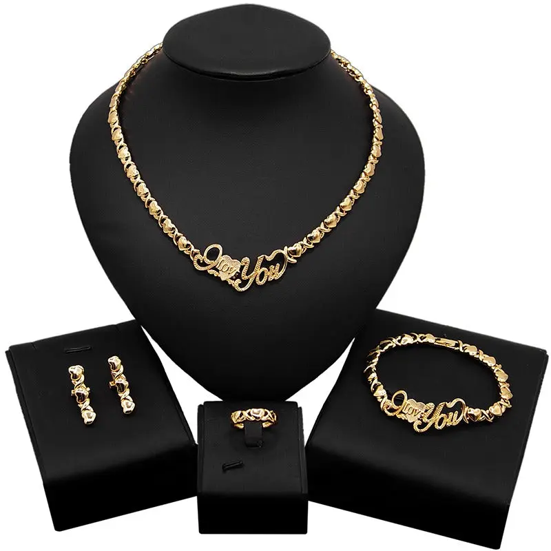 Elegant Matching Jewelry Set - HUGS & KISSES Love Message Gold-Plated Gold Earrings with Chain Necklace #48, Elegant Jewelry Set, Earrings Set