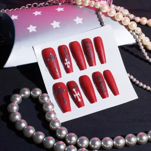 10pcs Handmade Gothic Cross Press-On Nails with Tools, Red Nude Aura Punk Fake Nails with Rhinestones, Long Coffin Shape for Alt Girls