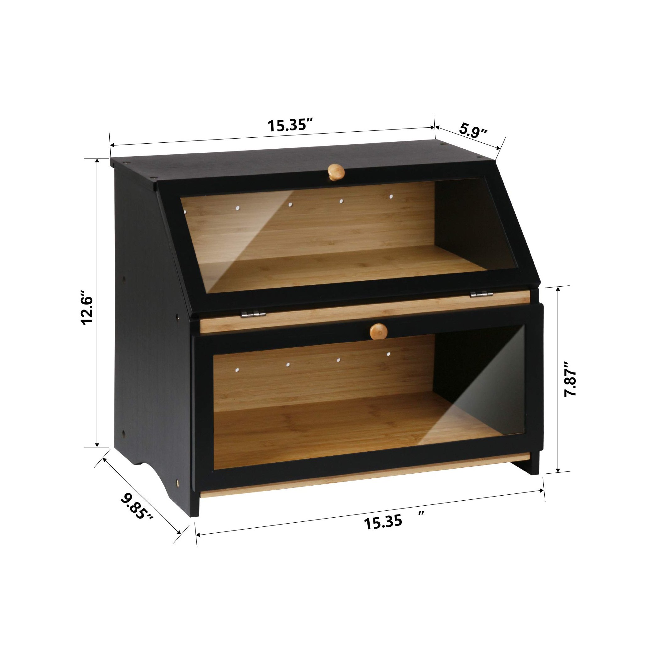 HOMEKOKO Double Layer Large Capacity Bread Box for Kitchen Counter, Wooden Black Bread Storage Bin for Kitchen Countertop, Kitchen Organiser, Pantry Storage Containers Utensils