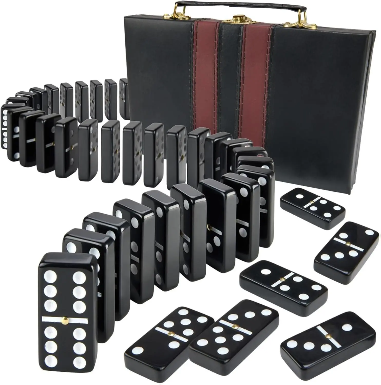 Jumbo Double Six Dominoes Set - 28 Black Classic Tiles in Faux Leather Case - Fun Educational Toy for Kids, Boys, Girls, Classroom Kit, Classic Game Night Party Favors Set, Travel-Friendly