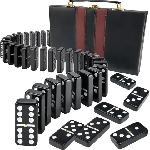 Jumbo Double Six Dominoes Set - 28 Black Classic Tiles in Faux Leather Case - Fun Educational Toy for Kids, Boys, Girls, Classroom Kit, Classic Game Night Party Favors Set, Travel-Friendly