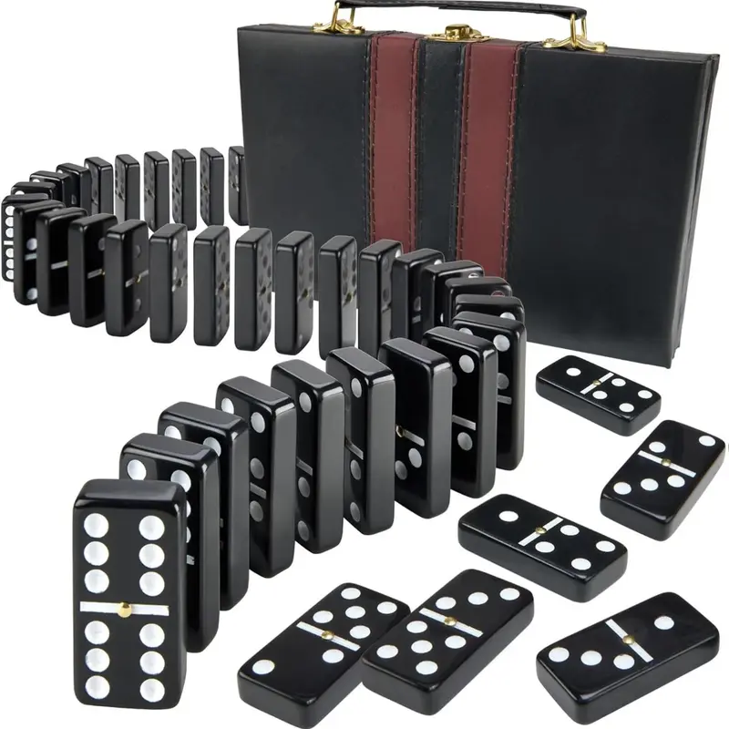 Jumbo Double Six Dominoes Set - 28 Black Classic Tiles in Faux Leather Case - Fun Educational Toy for Kids, Boys, Girls, Classroom Kit, Classic Game Night Party Favors Set, Travel-Friendly